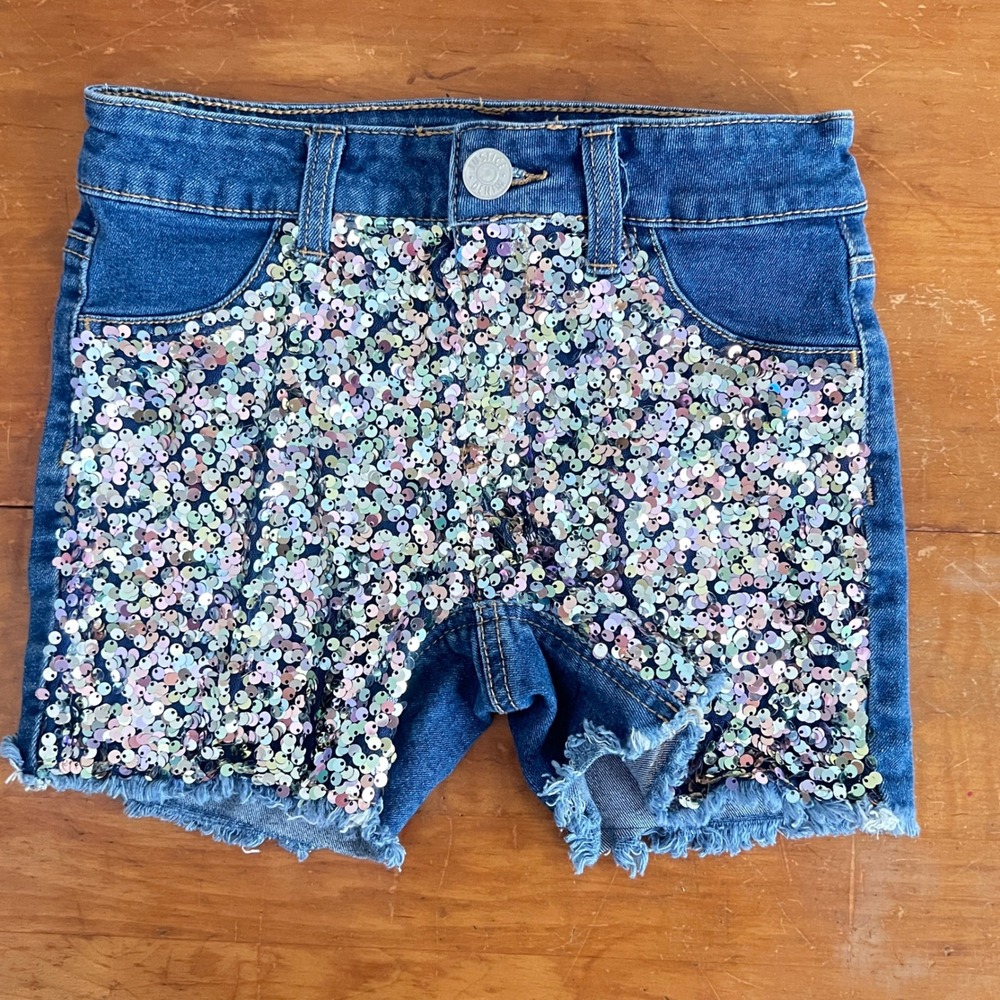 Justice Denim Shorts Girls 10 Sequin Front Frayed Hem Blue Mermaidcore Sparkly